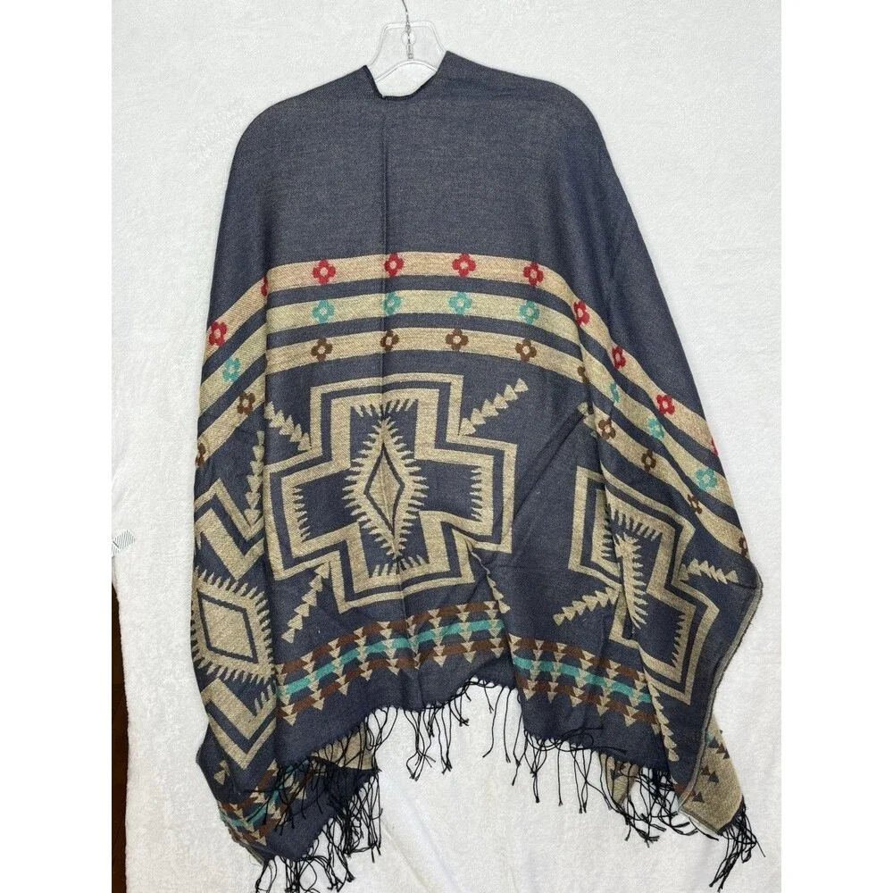 Urban CoCo Shawl Poncho‎ Wrap Cape Reversible Fringe Tassel Aztec Western